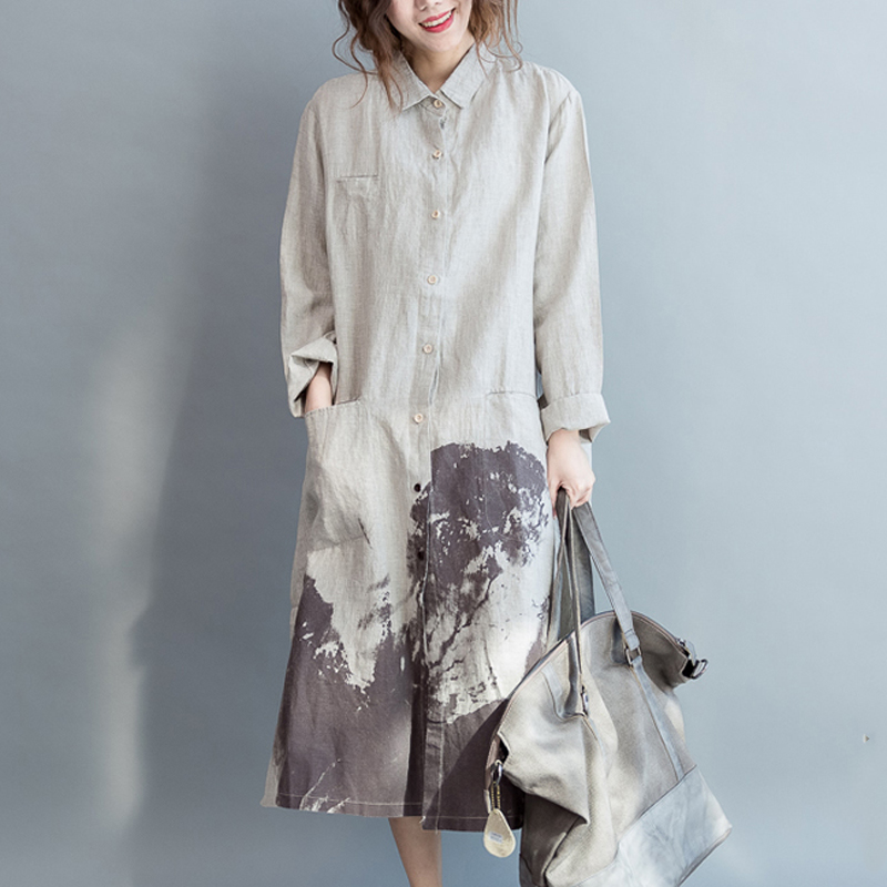 ロングワンピース 墨絵風プリント襟付きロングシャツワンピース