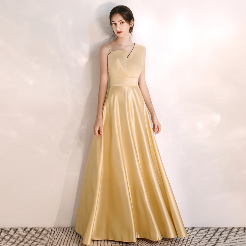 ロングワンピース アシンメトリーネック光沢サテン調ロングキャミソール
