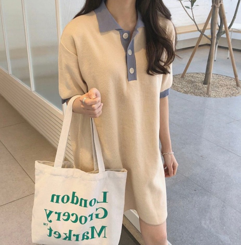 ロングワンピース ポロシャツ 配色襟デザインポロシャツワンピース