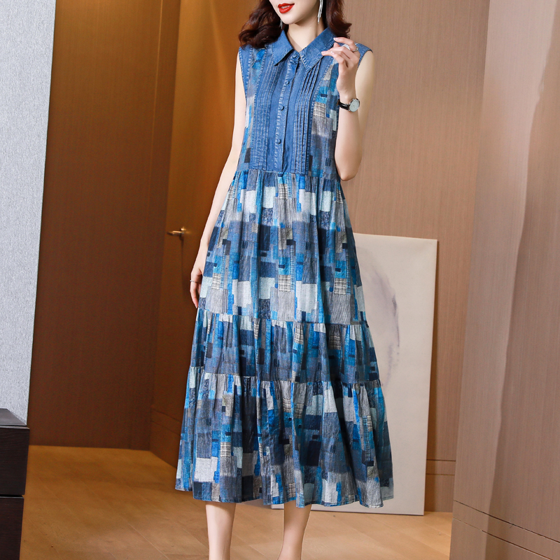 ロングワンピース シャツ ティアード裾パッチワーク柄袖なしロングワンピース