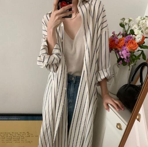 ロングワンピース 春新作　縦縞シャツワンピース　韓国風長袖