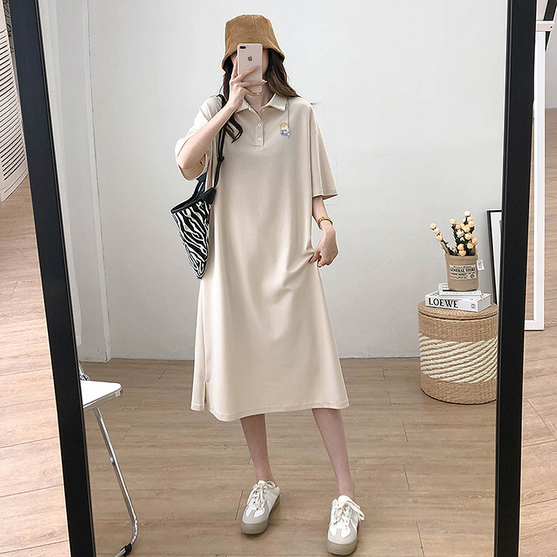 ロングワンピース ポロシャツ 襟付きワンポイント刺繍半袖ロングワンピース