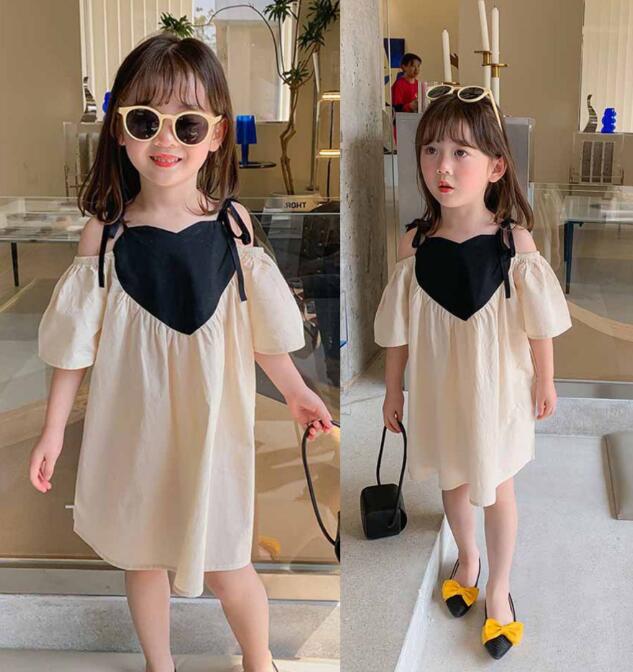 キッズ女の子ハート柄ロングワンピース肩紐リボン付き