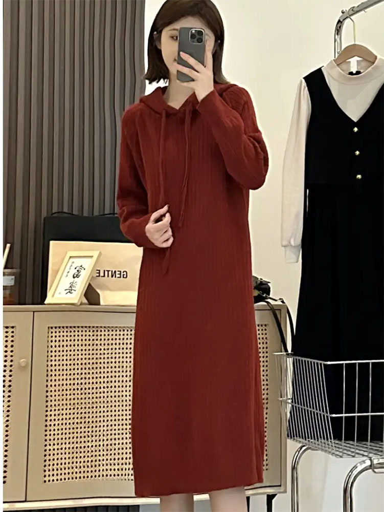 ロングワンピース リブ編みフード付きニットワンピース