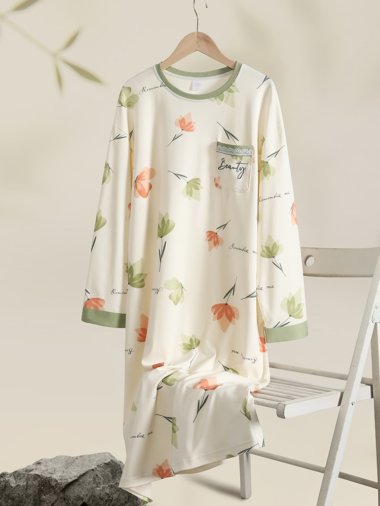 ロングワンピース ニット 花柄ゆったりおうち着ワンピース