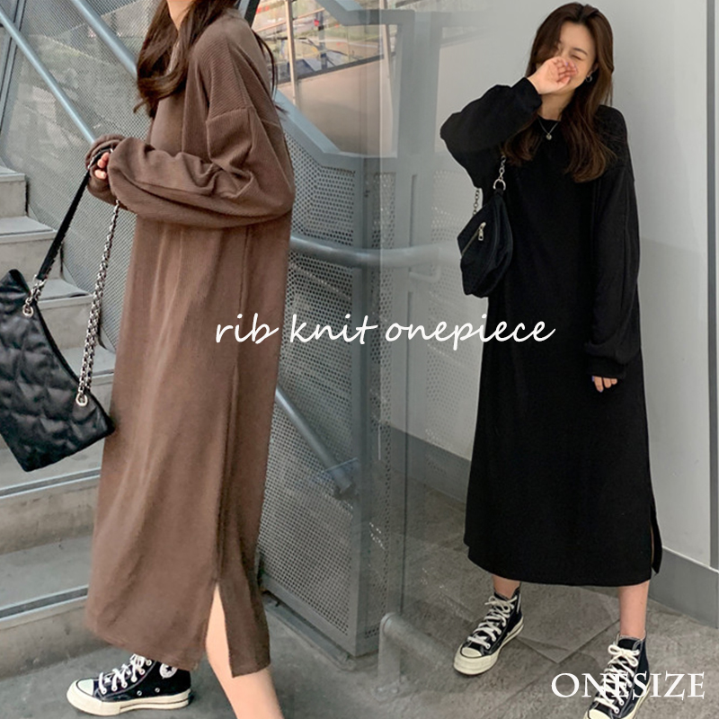 ロングワンピース リブニットマキシワンピース長袖ゆったりきれいめサイドスリット