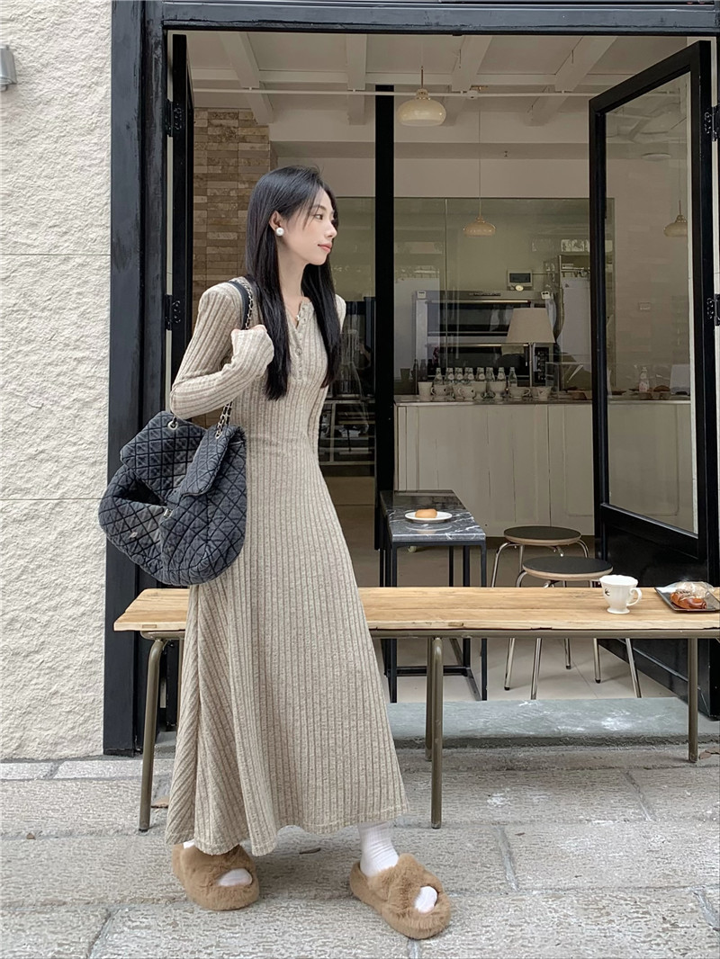 ロングワンピース リブ編みロマンチックワンピース