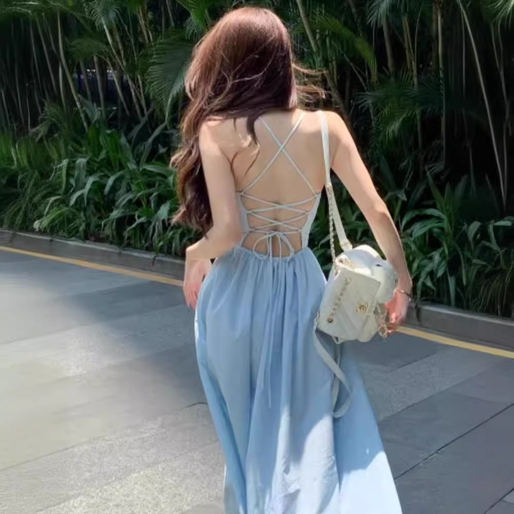 背中編み上げキャミロングワンピース レディース