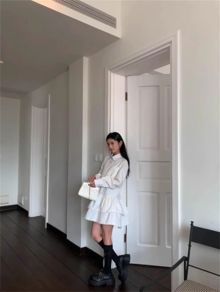 ロングワンピース 白色シャツ風ミニワンピース春夏長袖レース装飾