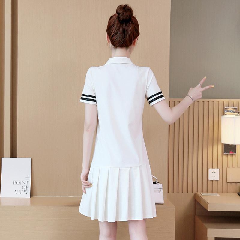 ロングワンピース ポロシャツ 襟付きスポーティライン裾プリーツロングワンピース