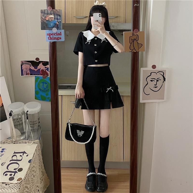 ロングワンピース 秋冬新作 黒ポロシャツ風セットアップ ミニスカート 白襟