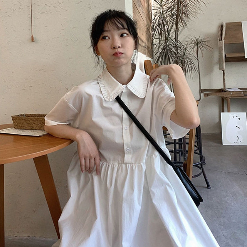 ロングワンピース シャツ 丸襟フリル裾半袖ロングワンピースシャツ