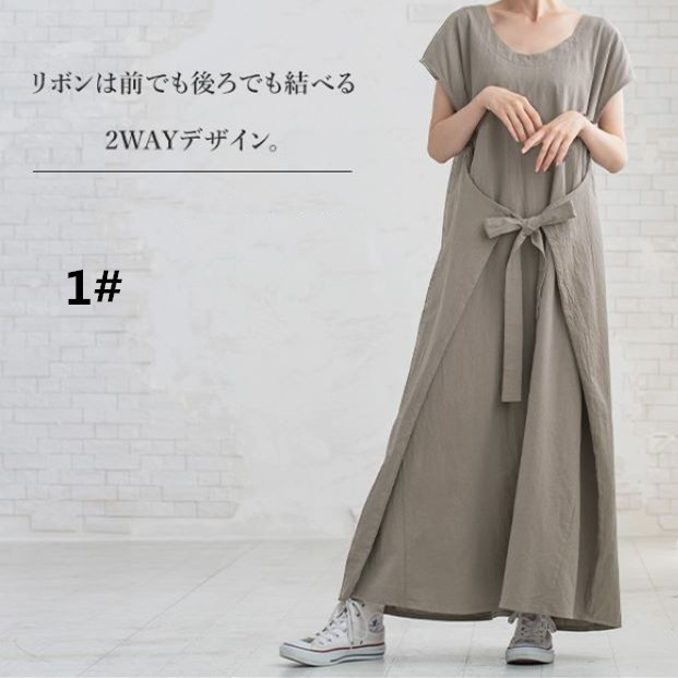 ロングワンピース 夏新作マキシワンピース丸首半袖体型カバーリボン付きロング丈