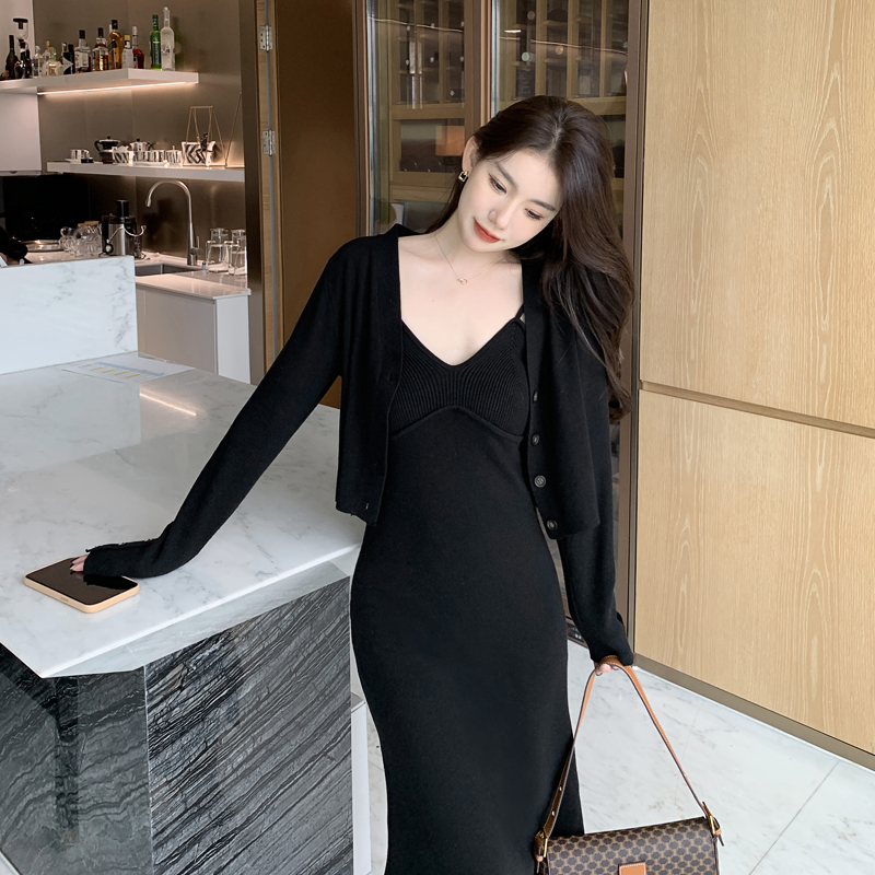 ロングワンピース キャミ リブ編み美身シルエット肩紐ロング丈キャミソール