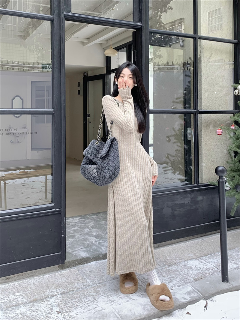 ロングワンピース リブ編みロマンチックワンピース