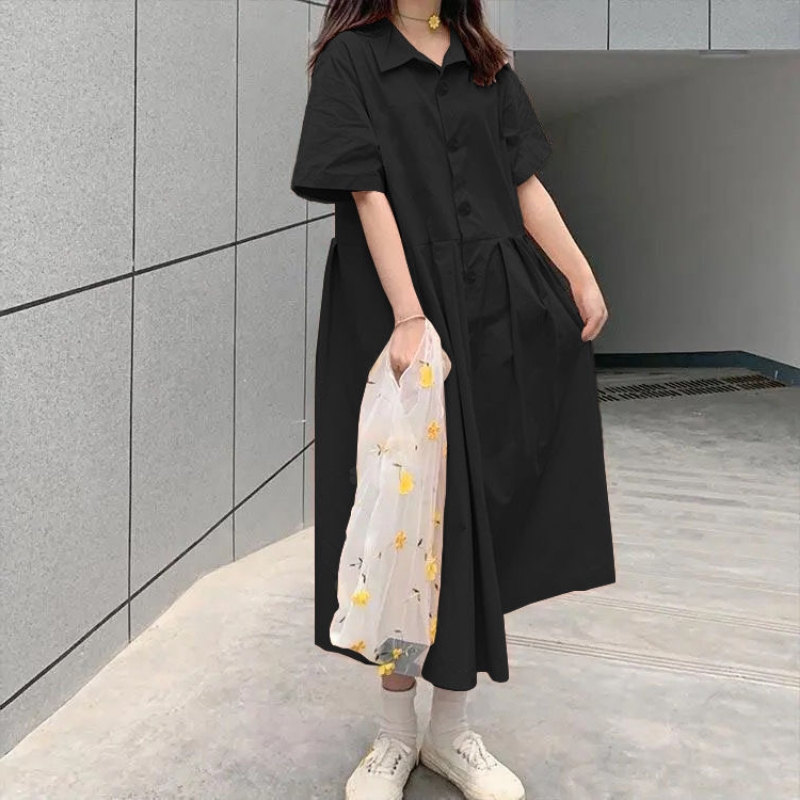 ロングワンピース シャツ 襟付き半袖ティアードロングワンピース