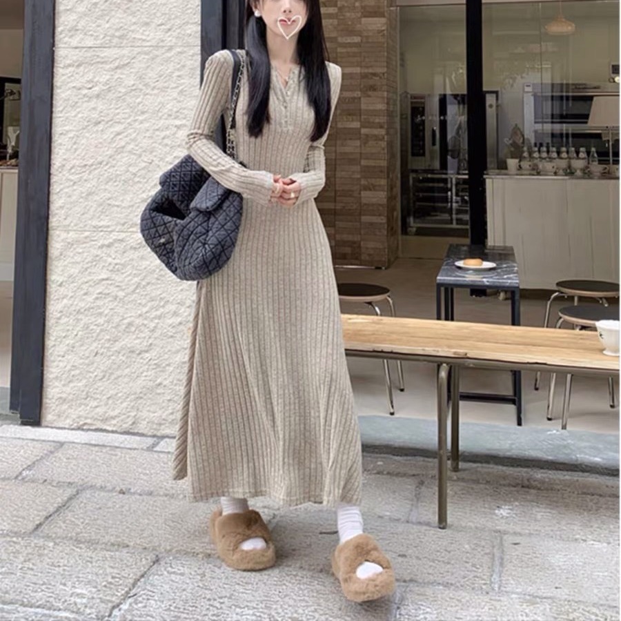 ロングワンピース リブ編みロマンチックワンピース
