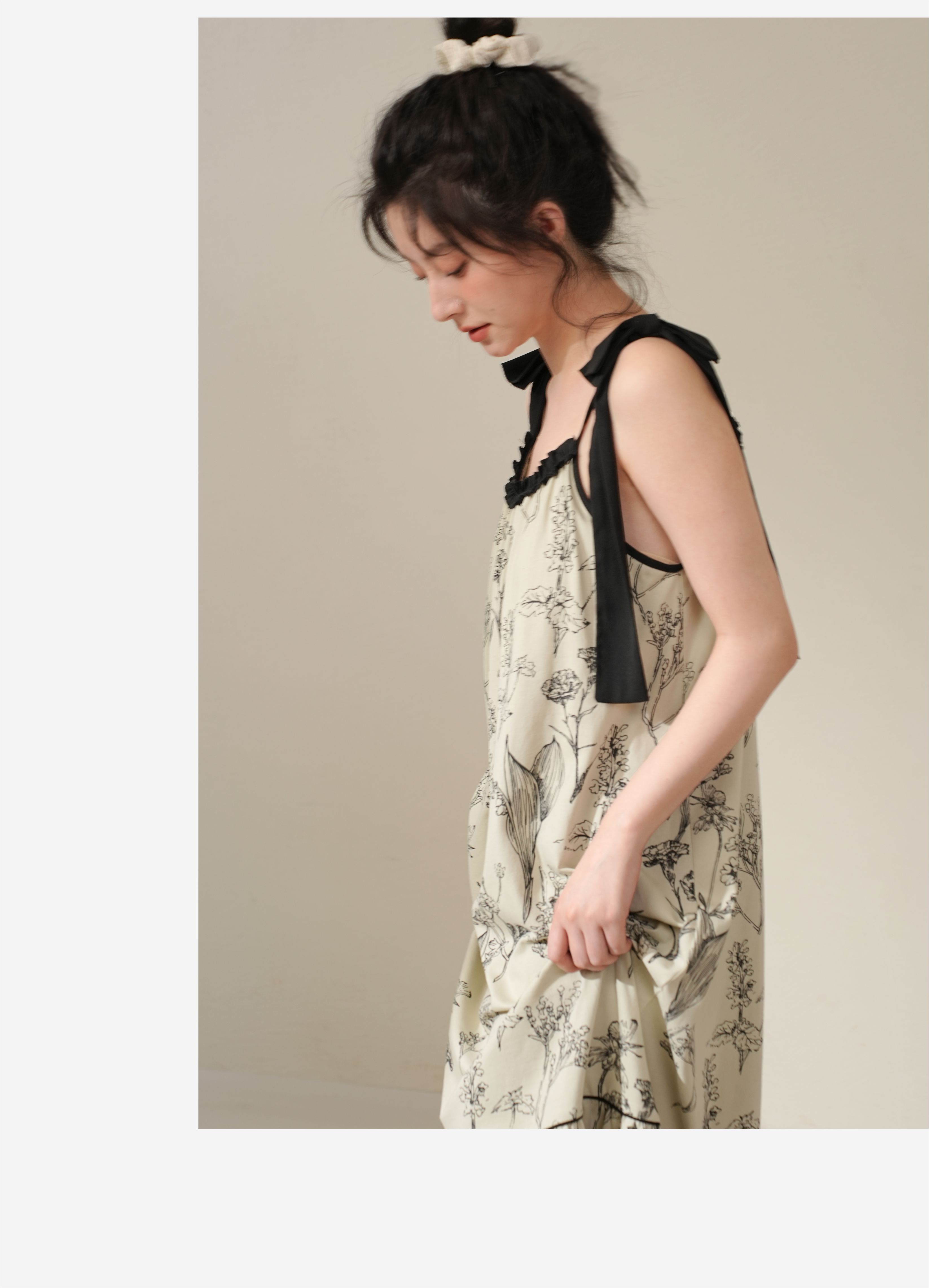 ロングワンピース キャミ 花柄リボンストラップ付きキャミソールワンピース