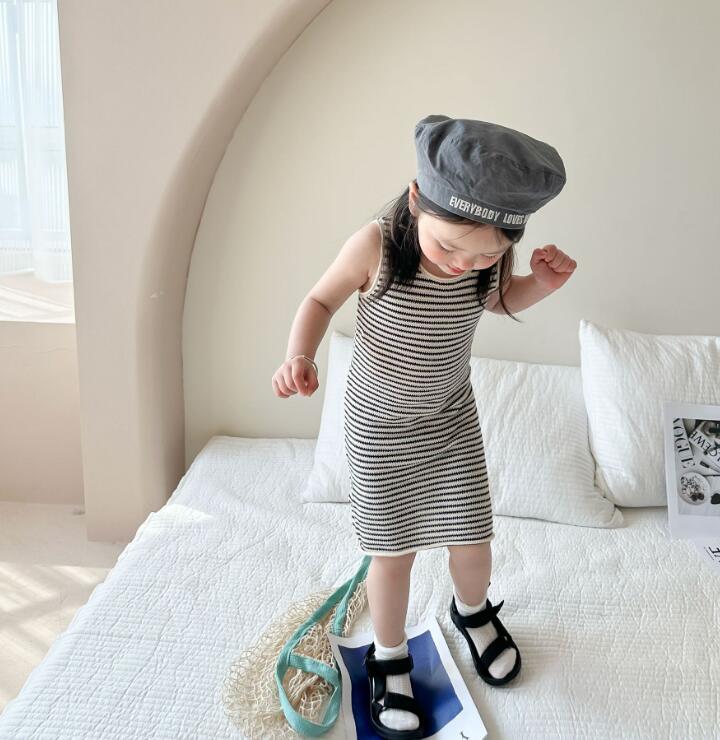 キッズ縞模様ロングワンピース女の子用80-140センチ