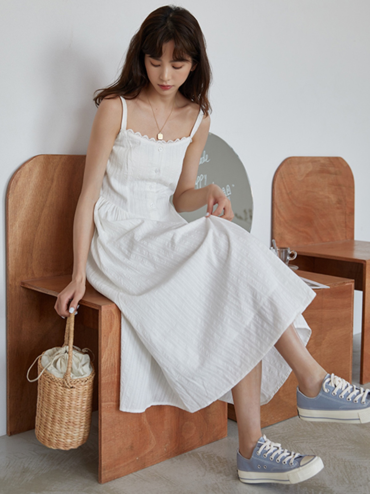 ロングワンピース キャミ 花柄刺繍レース細肩紐ロングキャミワンピース