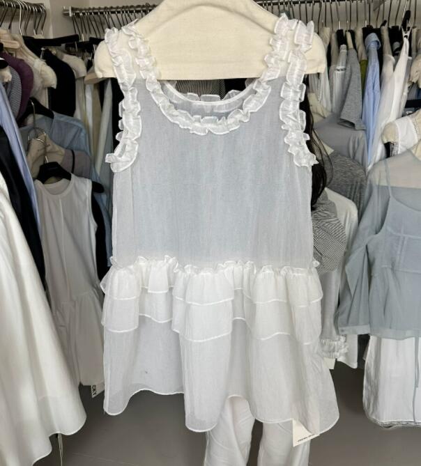 ロングワンピース ノースリーブフリルワンピース白色透け感レース襟付き