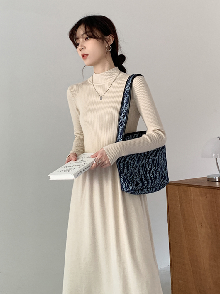 ロングワンピース タートルネック リブニット切替タートルネックロングワンピース