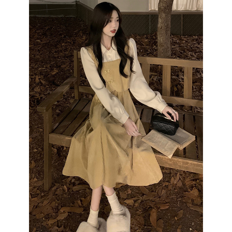 ロングワンピース シャツ ベスト重ね着風長袖シャツロングワンピース