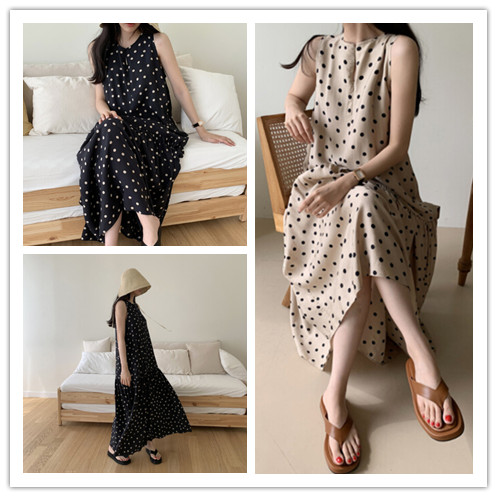 ロングワンピース 夏のドット柄ノースリーブロング丈チュニックワンピース