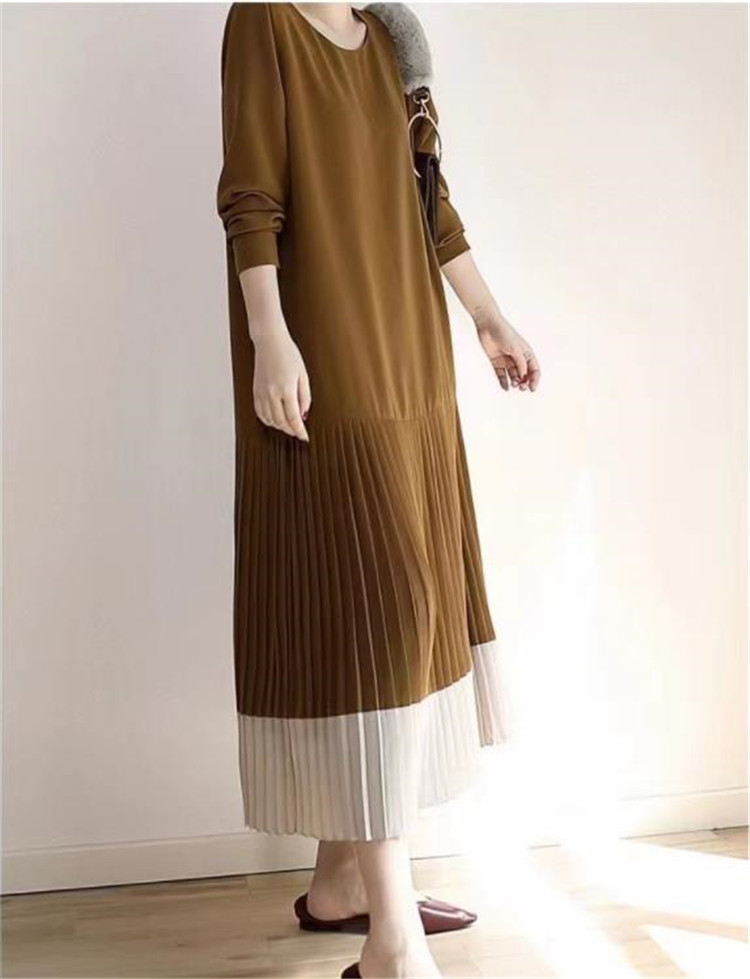 ロングワンピース 配色切替プリーツマキシ長袖ワンピース厚手暖か