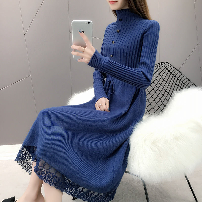 ロングワンピース レース付きリブニット ハイネックワンピース