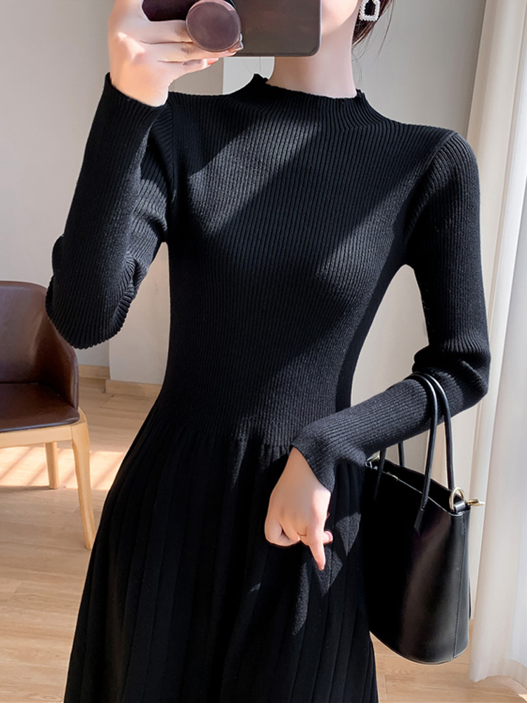 ロングワンピース ニット 上品シルエット リブ編みフレアワンピース