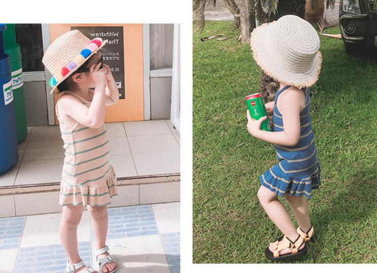 キッズ女の子用縞模様吊り紐付きロングワンピース