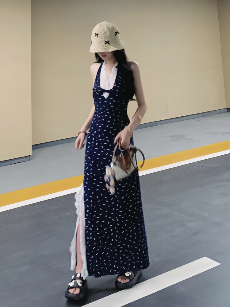 ロングワンピース レース リボン模様 サイドレース ロングワンピース
