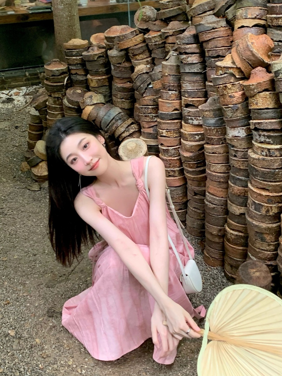 ロングワンピース キャミ 肩紐リボン付き綿麻風ロングキャミソールワンピース