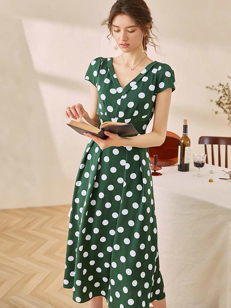 ロングワンピース シャツ 水玉模様巻き風半袖ロングワンピース