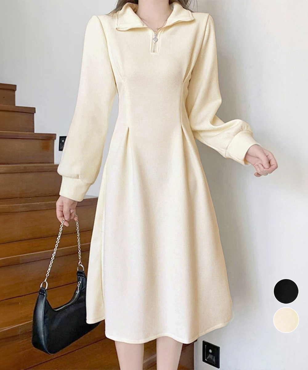 ポロシャツ風ハーフ開きロングワンピース長袖