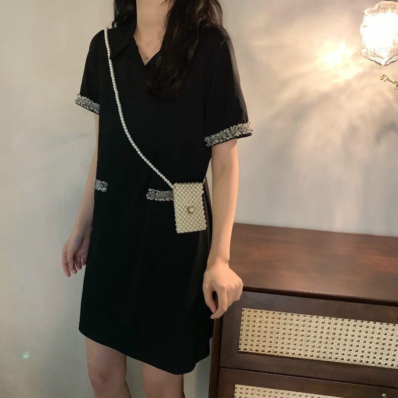 ロングワンピース ポロシャツ レース配色トリム付き襟付きワンピース