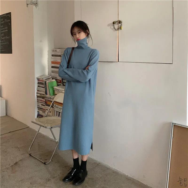 ロングワンピース タートルネック 上品な首もと暖か長袖ニットロングワンピース