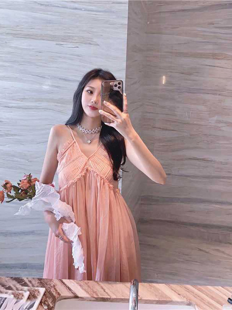 ロングワンピース キャミ 透け感シフォンフリル付きキャミソールワンピース