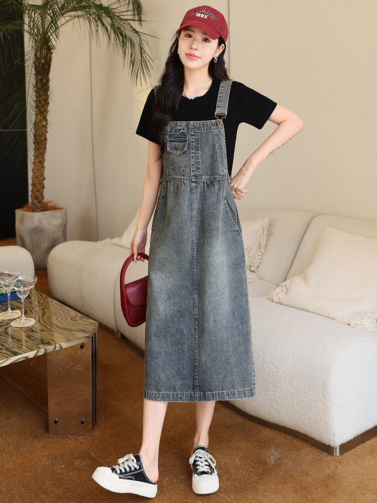 ロングワンピース ヴィンテージ風デニムサロペットワンピース