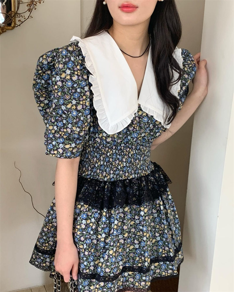 韓国風フリル襟花柄ロングワンピース上品夏新作