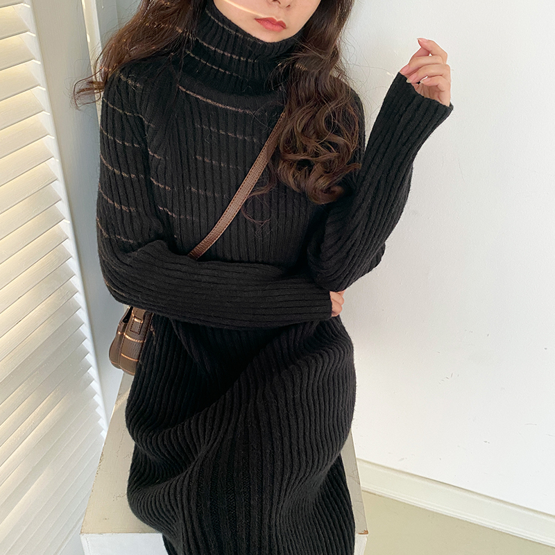 ロングワンピース タートルネック リブ編みニットタートルネックロングワンピース