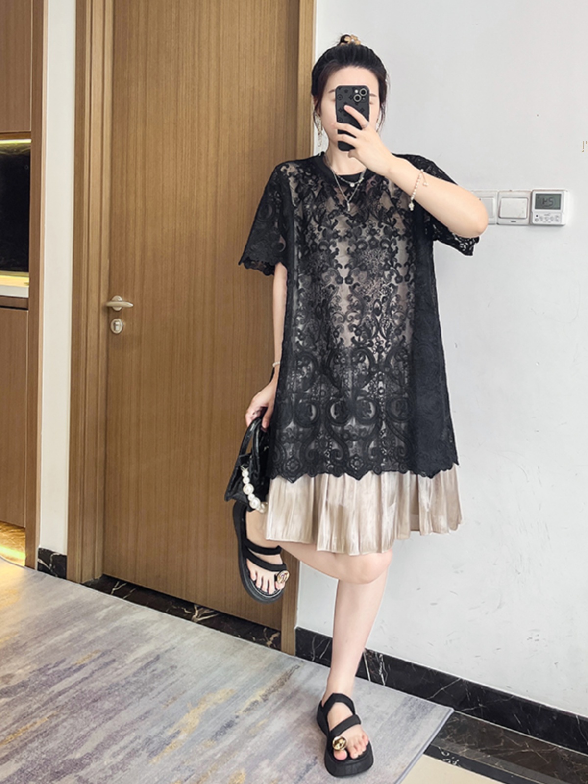 ワンピース レース 透かし模様レイヤードワンピース