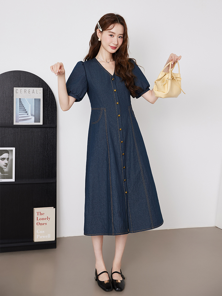 ロングワンピース デニム パフスリーブ前開きデニムワンピース