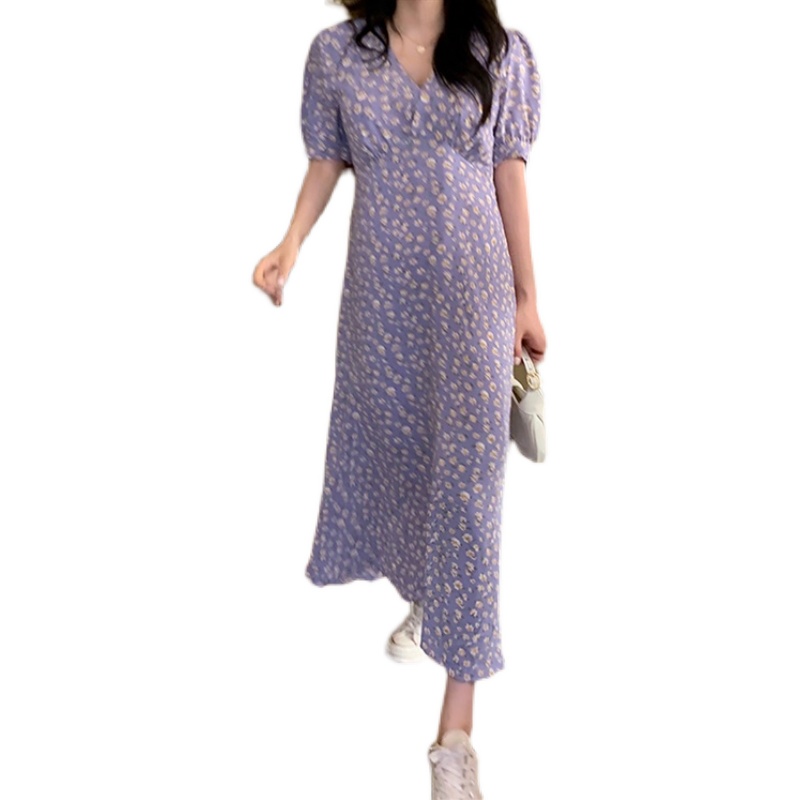 小花柄パフスリーブ襟付きロングワンピース