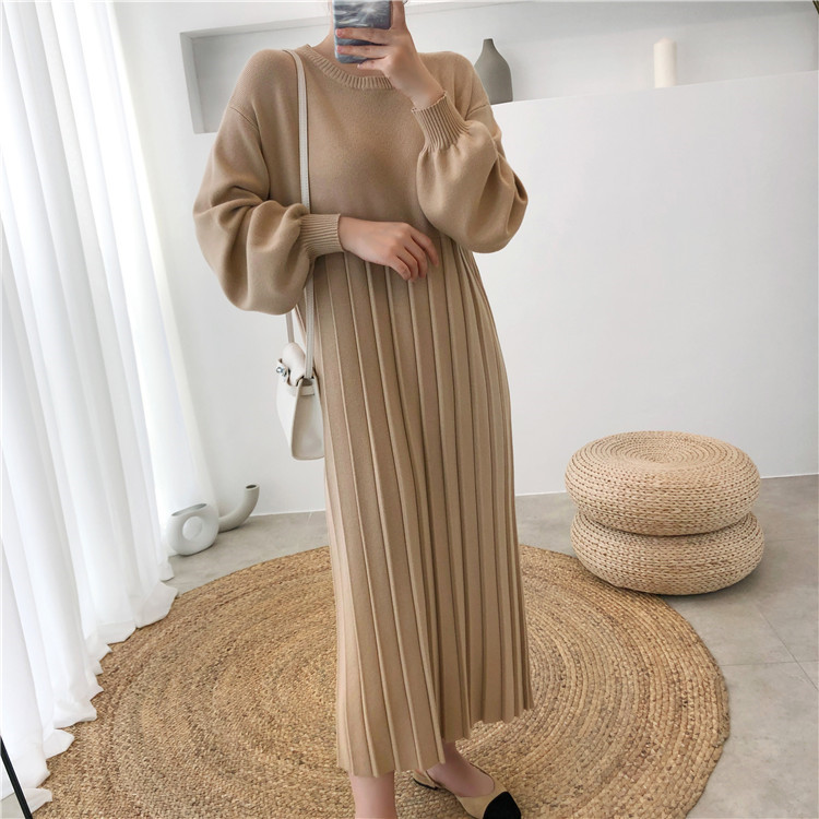 秋冬厚手プリーツニットロングワンピース袖ふんわり上品