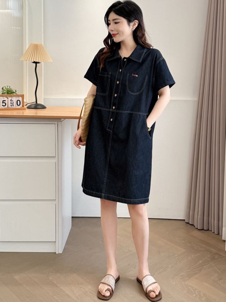 ロングワンピース デニム シンプル半袖シャツワンピース