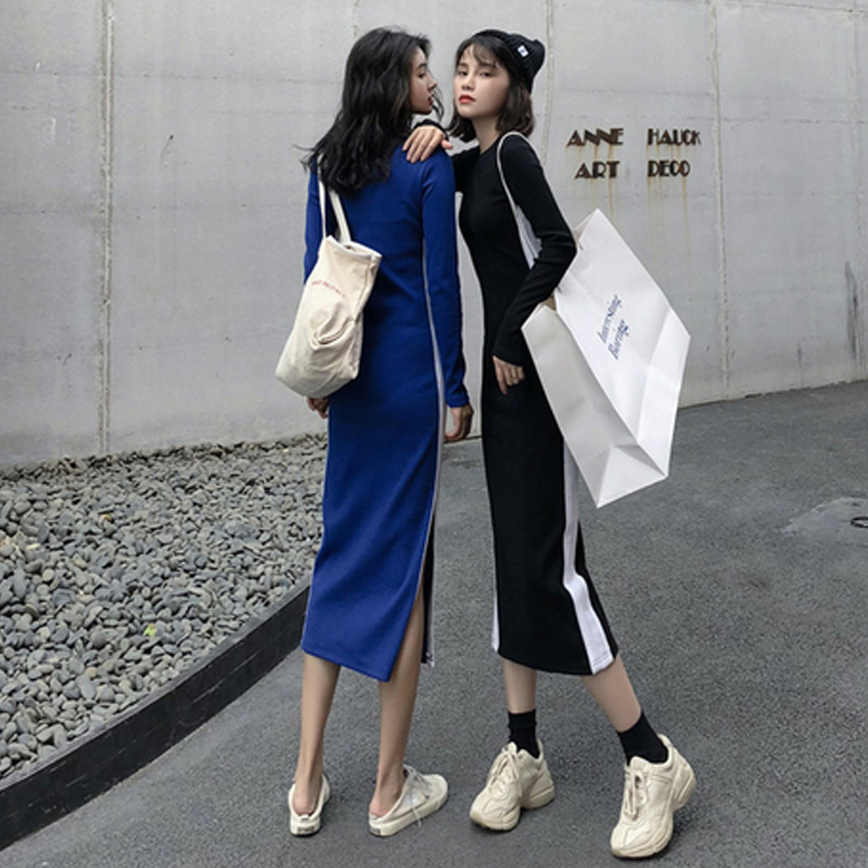 ロングワンピース スウェット サイドライン入りハイネックスウェットロングワンピース