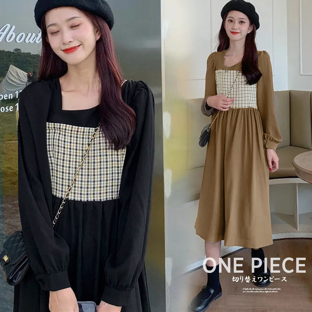 ロングワンピース レディース チェック柄切り替えフレアワンピース長袖