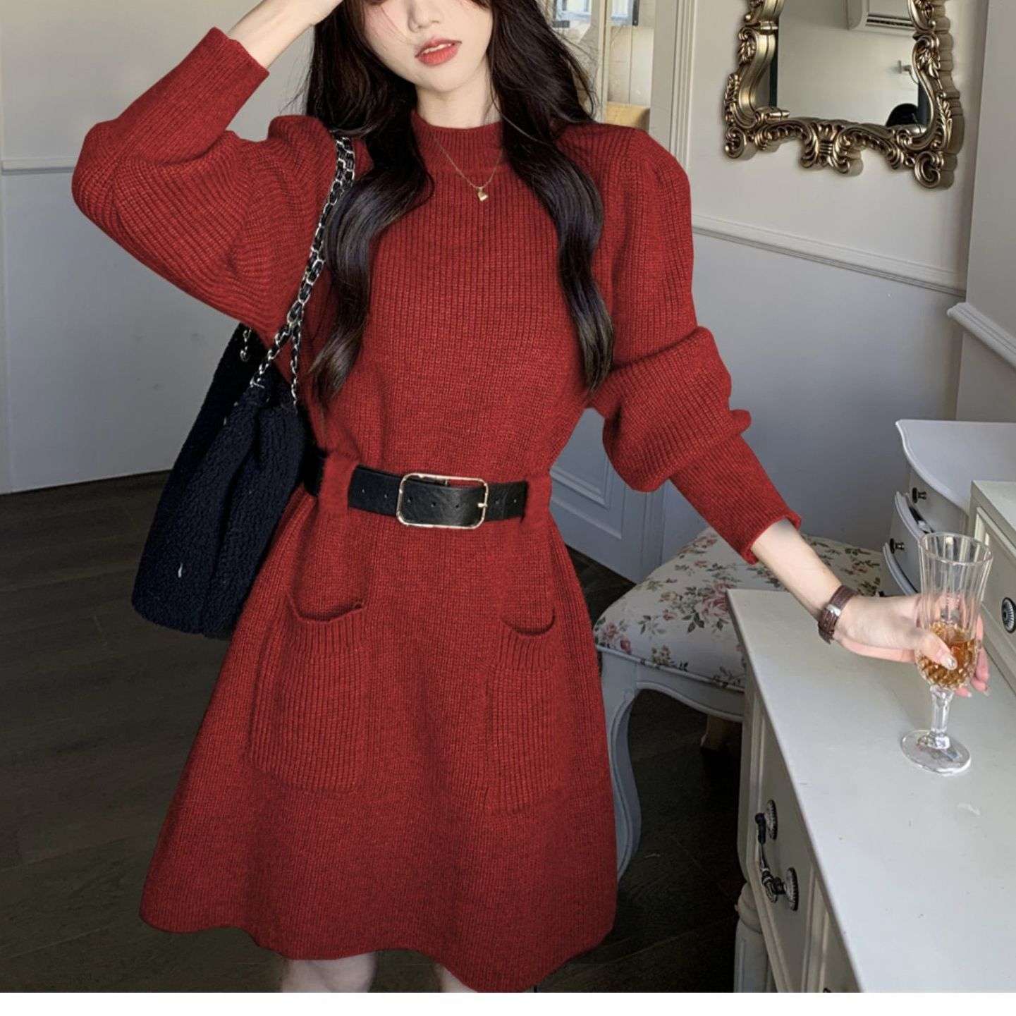 ロングワンピース ゆるふわベルト付きニットワンピース